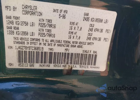 1996 Jeep Grand Cherokee Limited z USA, uszkodzony, nr VIN 1J4GZ78Y9TC368519